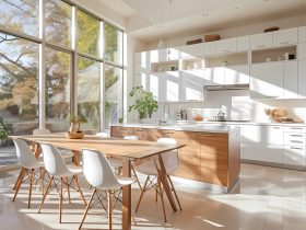 Jaka podłoga do kuchni? Drewniana podłoga w białej kuchni z blatem.